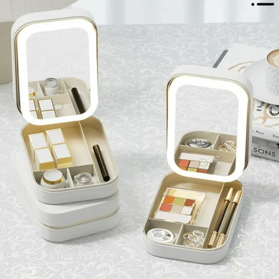Alhajero organizador de joyas con espejo LED recargable 16x12cm (CY094)