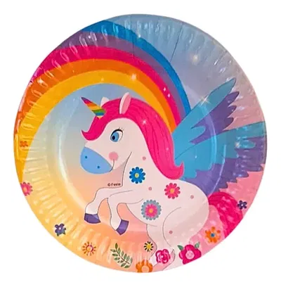 Plato unicornio con alas y flores x6 unidades