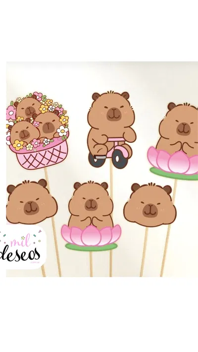Set x9 topper capibara kawai flores