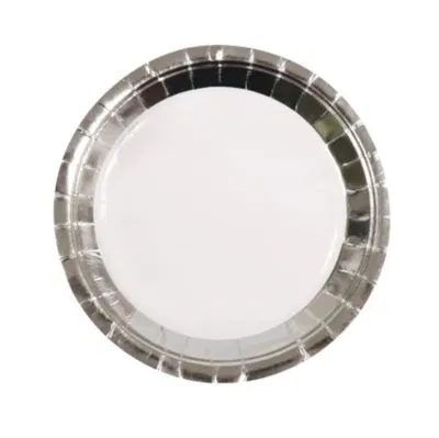 Plato blanco borde plateado 23cm x6 unidades