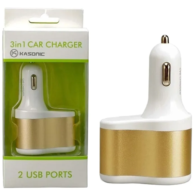 Cargador CAR CHARGER 3.1A con 2 USB + salida 12v en caja blanca y verde