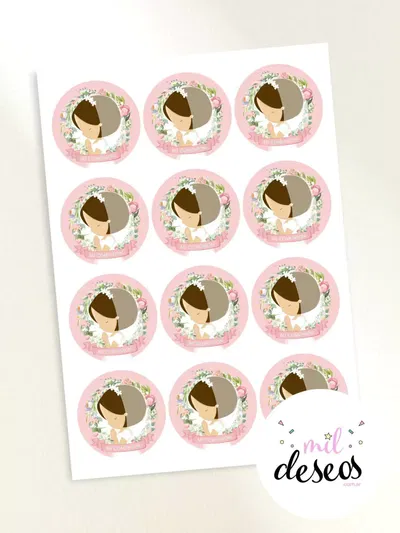 Sticker Comunión Nena Flores x12
