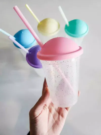 Vaso milkshake CELESTE PASTEL GLITTER con sorbete 330cc (ideal para sorpresitas)