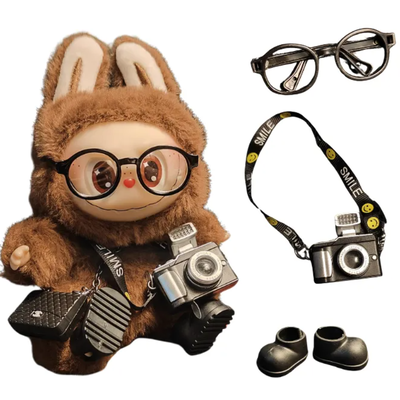 Accesorios para labubu lentes, cámara y zapatos