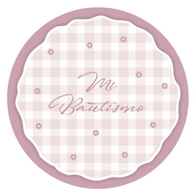 Plato de sitio Mi Bautismo cuadrillé ROSA x12 unidades