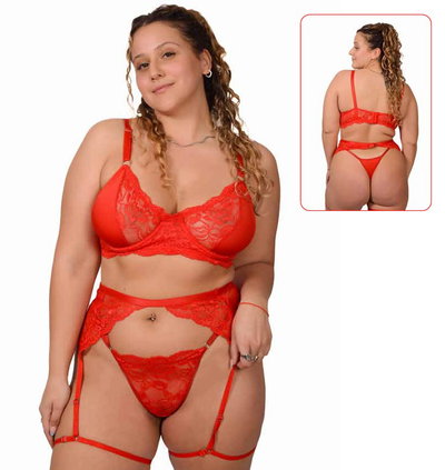 CONJUNTO LOLITA Corpiño + less + portaligas - Rojo, Negro, Blanco o Negro/Bordo