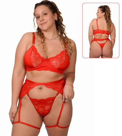 CONJUNTO LOLITA Corpiño + less + portaligas - Rojo, Negro, Blanco o Negro/Bordo