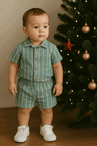 Conjunto de lino rayado verde 