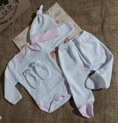 Ajuar Recibidor Luz Esencial Blanco con Vivo Rosa | 4 Piezas Algodón 100%