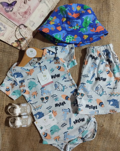 Set Body Manga corta + Short | Tiburones | Algodón Peinado