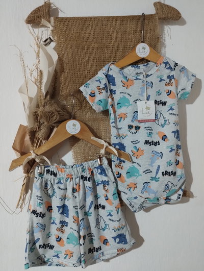 Set Body Manga corta + Short | Tiburones | Algodón Peinado