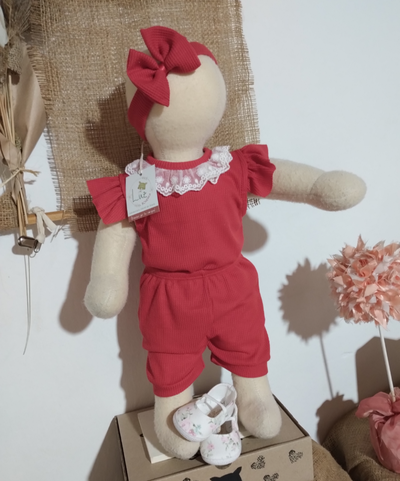 Set Body Puntilla Mangas Cortas + Short + Vincha | Emma | Wafle 3 Piezas