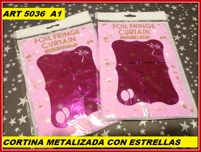 ART 5036 CORTINA METALIZADA CUADRADITOS CON ESTRELLAS FUXIA