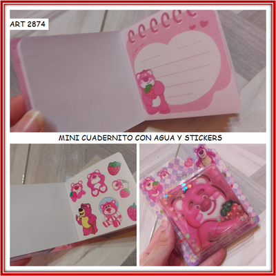 ART 2874 MINI CUADERNITO CON AGUA Y STICKERS LOTSO