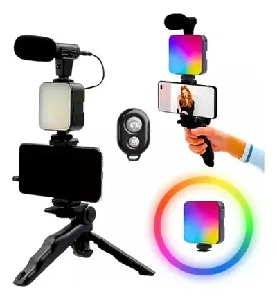 Kit Estabilizador Tripode Luz Micrófono Control Remoto Rgb Negro
