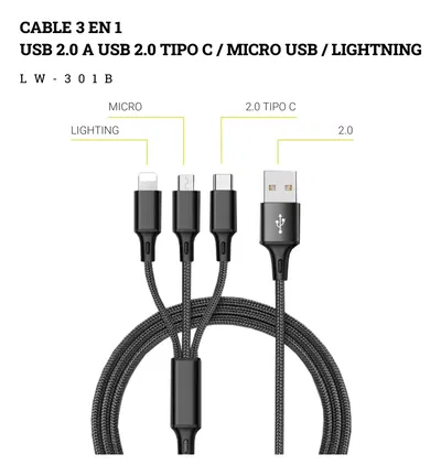 Cable Usb 3 En 1, Usb A Usb C, Micro Usb, Lightning 1,2 Mts