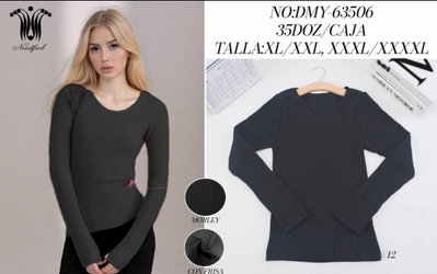 Camiseta térmica dama canalada  en negro por 1/2 docena