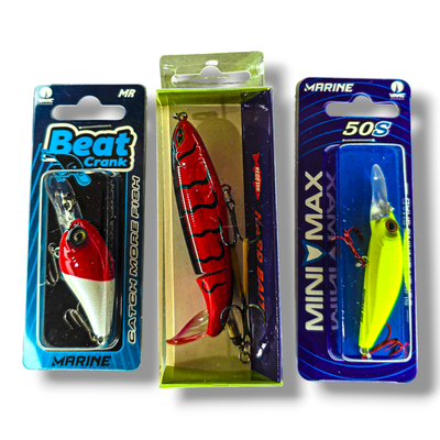 Combo Señuelos Marine BEAT CRANK 45-MR + RedFish Whopper Plopper 8cm + Marine MINIMAX 50