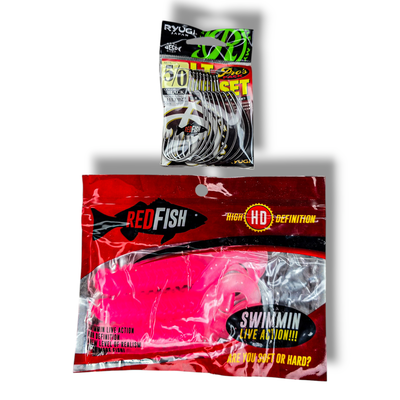 Combo Gomas Soft RedFish x3 + Anzuelos Offset Ryugi 5/0 x8
