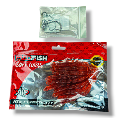 Combo Gusano Largo x10 RedFish + Anzuelos Offset Caster 3/0