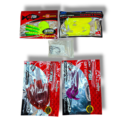 Combo Gomas RedFish + Big Frog + Offset Caster 3/0 – Kit Completo para Tarariras