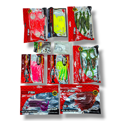 Combo x 8Unid. Gomas RedFish + Anzuelos Offset Ryugi y Caster 