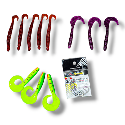 Combo 3 Gomas Gusanos Offset + Anzuelo 3/0 Plomado  - Taruchas - Tarariras