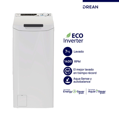 Lavarropas Carga Superior Ecoinverter 7 Kg 1400 RPM Blanco Drean - LTDRI0714PB0