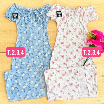 Vestido largo cuello bote floreado / Talle 3 / BLANCO