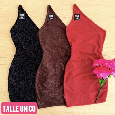 Vestido corto 1 hombro gliter / Talle unico / ROSA