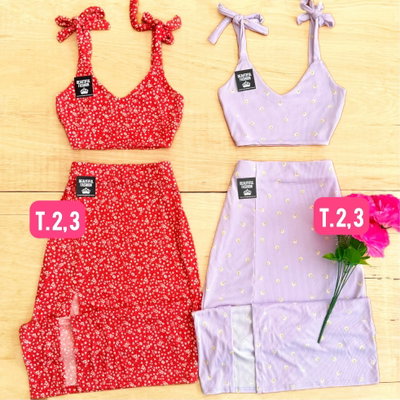 Conjunto top + pollera larga estampado /ROJO TALLE 3