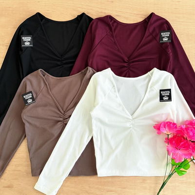 Remera ML en V con frunce en el pecho / Talle unico