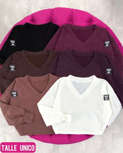 Sweater en V de lanilla corto / Talle único / BORDO