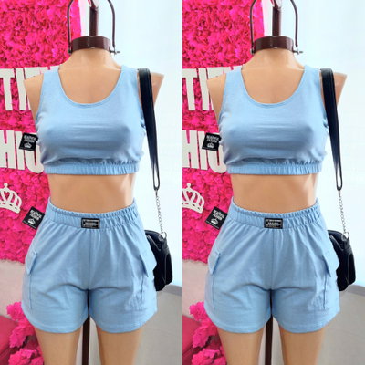Conjunto top + short cargo / Talle 2 / CELESTE
