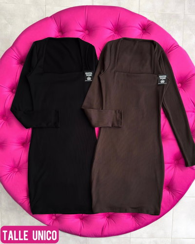 Vestido ML escote cuadrado frizada / Talle unico