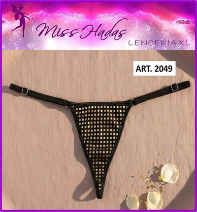 ART. 2049: Tanga de encaje hilo dental de lycra con detalles dorados