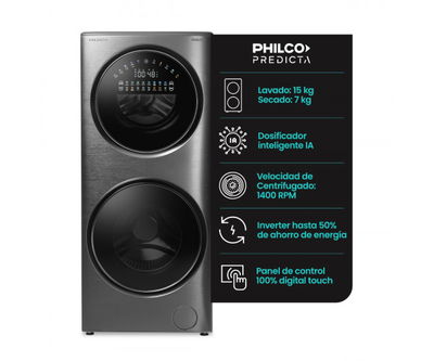 TORRE LAVASECARROPAS CON IA PHILCO PREDICTA 15KG/7KG CARGA FRONTAL DARK INOX PHLFT157GT