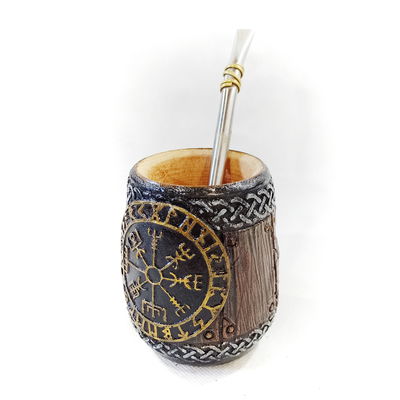 Mate Artesanal Algarrobo Tipo Barril Runas Vikingas