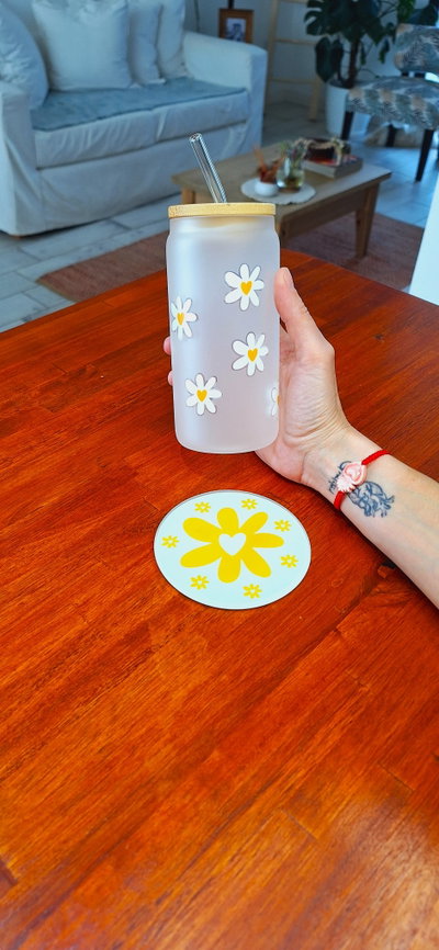 Kit Vaso Vidrio Esmerilado + Posavaso Margarita