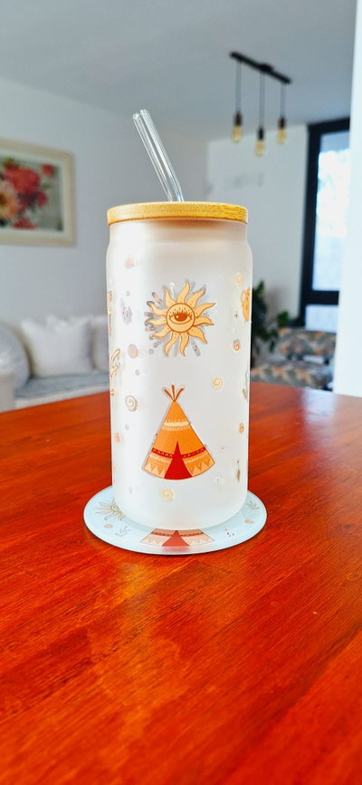 Kit Vaso Vidrio Esmerilado + Posavaso Hindu