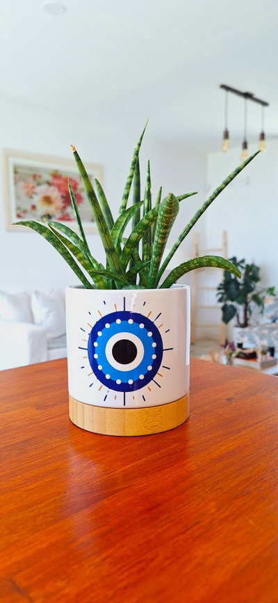 Maceta De Cerámica y Bamboo Eye Blue
