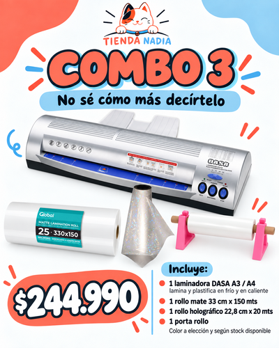 COMBO 3 – Laminadora + Rollos Para Laminar Mate y Holografico.