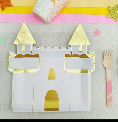 Cotillon  Plato Castillo Gold x 8 COTILLON CUMPLEAÑOS DECORACION