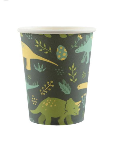 Cotillón Vaso Dinosaurio fondo Azul x8 COTILLON CUMPLEAÑOS DECORACION