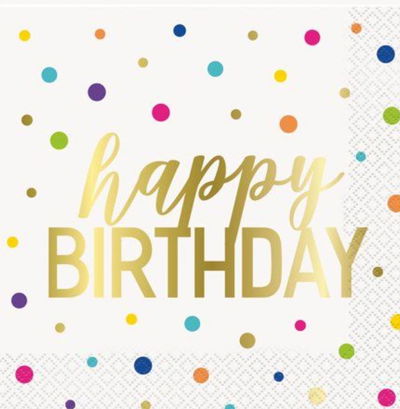 Cotillón Servilletas Happy Birthday Blancas con Dorado x20 COTILLON CUMPLEAÑOS DECORACION