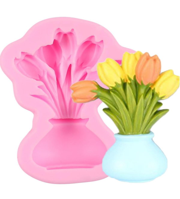 Molde Silicona Tulipanes en Florero REPOSTERIA DECORACION VELA YESO