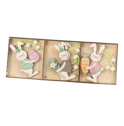 PASCUA. Set Colgantes de Madera Conejitos de Pascua x 9 Unidades – Decoración Easter 8 cm