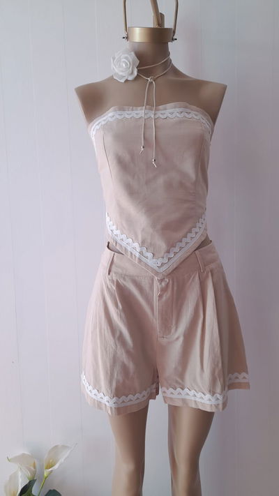 Conjunto lino short + straple con puntilla