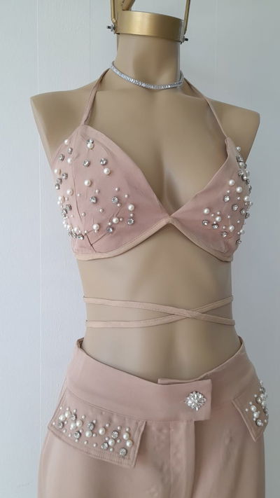 Conjunto top + palazo c/stras y perlas