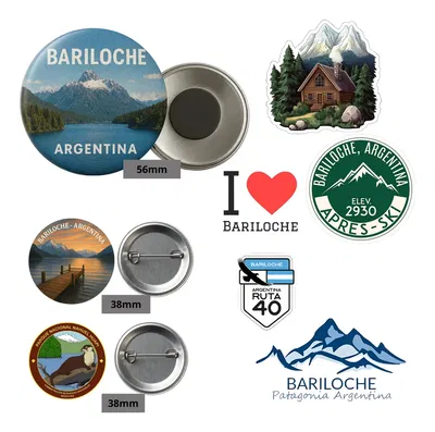Pack Iman 56mm + 2 Pines Prendedores + 5 Stickers Vinilo - Recuerdo Bariloche